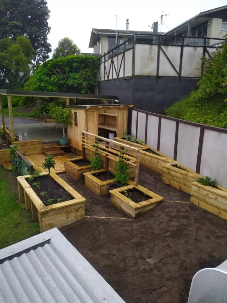 Professional Wellington garden transformation with outdoor deck and native plantings during summer